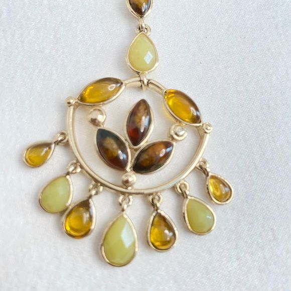 Dangling Pendant Necklace Brown Green Yellow Faceted StonesRibbon Neckline - Picture 6 of 13